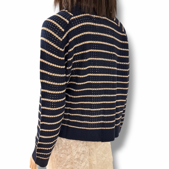 V Neck Navy Tan Striped Button Up Knitted Cardigan - NWT - Picture 2 of 3